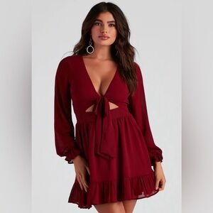 Romantic Chiffon Cutout Tie Front Long Poet Sleeve Ruffle Hem Mini Dress Wine